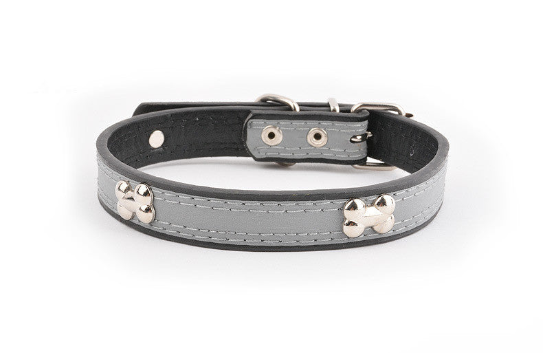 HKM-6706749 Reflective Three Bone Dog Collar Leash in Brown, Blue, Black, and Red - Multiple Sizes Available