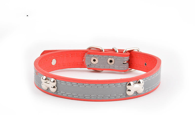 HKM-6706749 Reflective Three Bone Dog Collar Leash in Brown, Blue, Black, and Red - Multiple Sizes Available