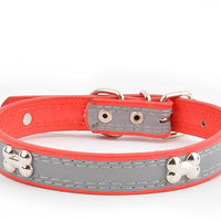 HKM-6706749 Reflective Three Bone Dog Collar Leash in Brown, Blue, Black, and Red - Multiple Sizes Available