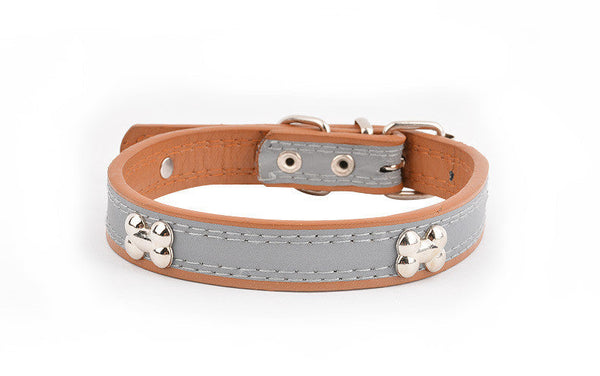 HKM-6706749 Reflective Three Bone Dog Collar Leash in Brown, Blue, Black, and Red - Multiple Sizes Available