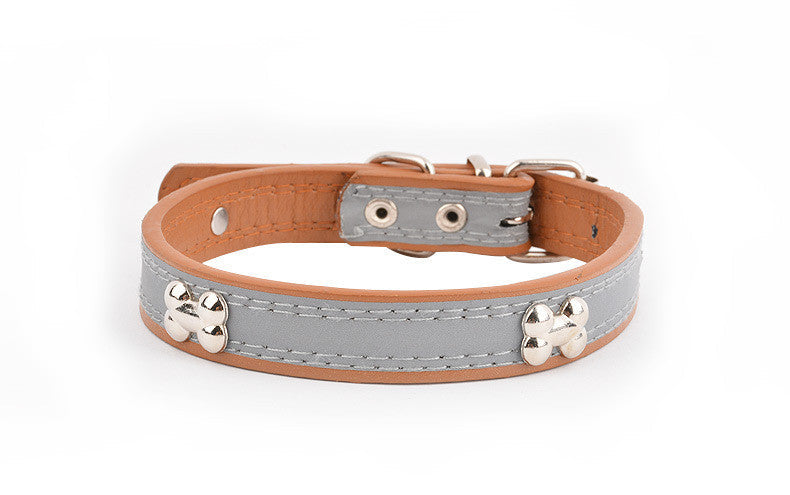 HKM-6706749 Reflective Three Bone Dog Collar Leash in Brown, Blue, Black, and Red - Multiple Sizes Available