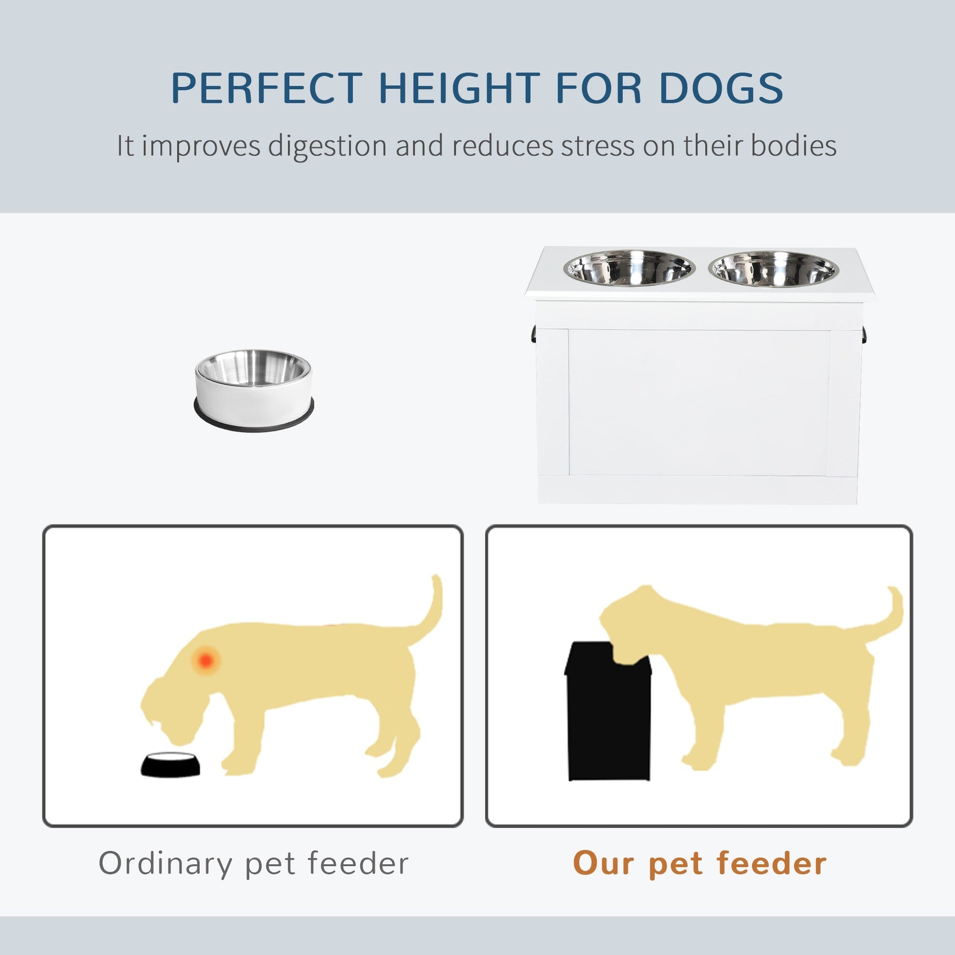 HKM-6707133 Elevated Dog Feeding Station with Stainless Steel Bowls and Storage for Large Pets, White
