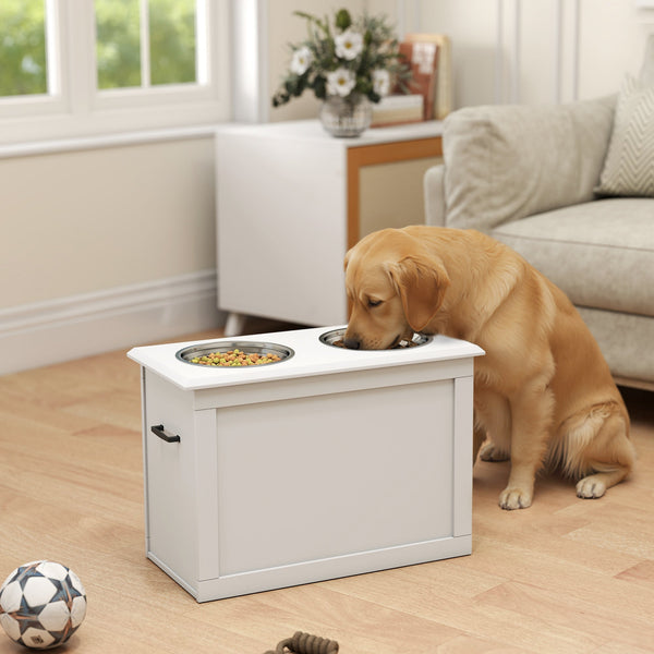 HKM-6707133 Elevated Dog Feeding Station with Stainless Steel Bowls and Storage for Large Pets, White