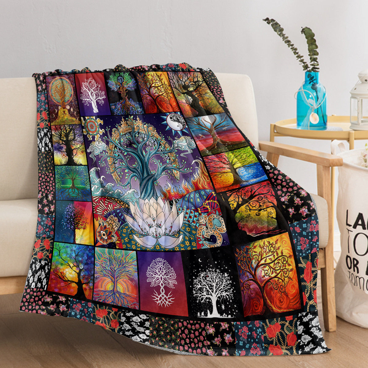 HKM-670803 Flannel Velvet Blanket with Lotus Tree Patterns - Soft, Warm, and Multifunctional for Indoor and Outdoor Use