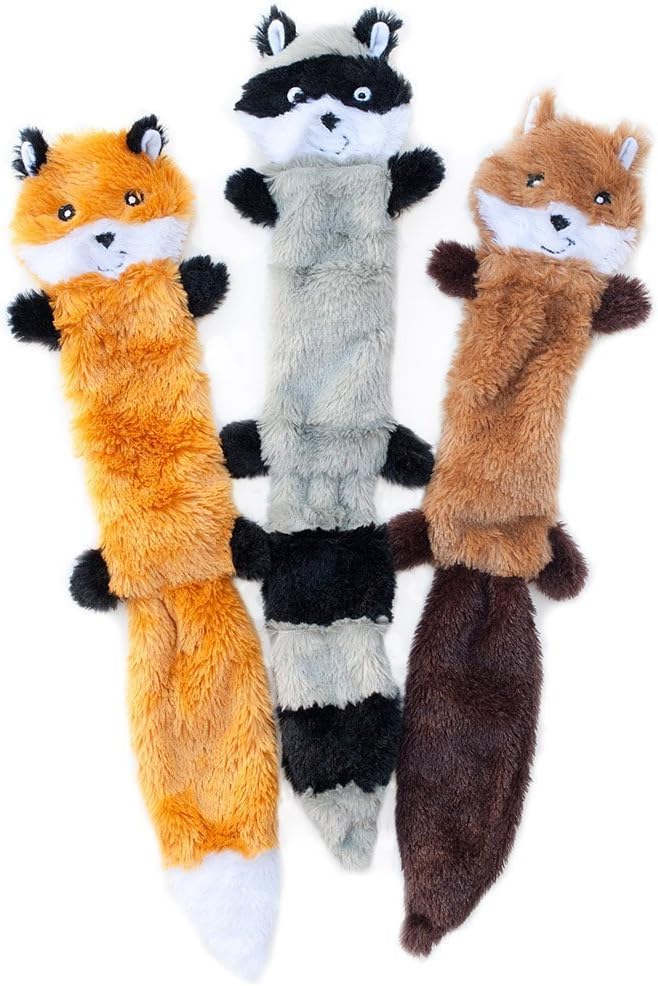 HKM-6708413 Squeaky Unstuffed Plush Dog Toys Set - Fox, Raccoon, and Squirrel for Small & Medium Breeds