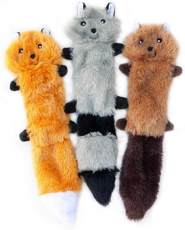 HKM-6708413 Squeaky Unstuffed Plush Dog Toys Set - Fox, Raccoon, and Squirrel for Small & Medium Breeds