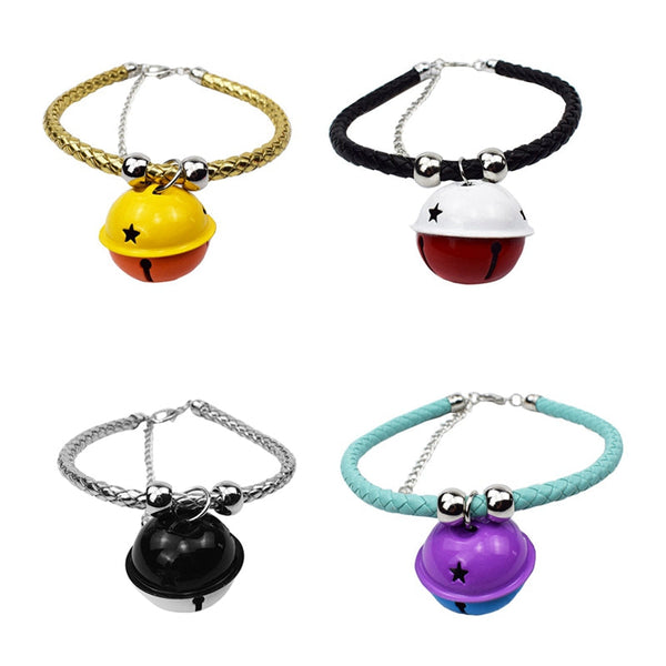 HKM-6708925 Hand Woven Pet Bell Collar in Gold, Blue, Black, and Bright Silver - Adjustable PU with Random Bell Colors