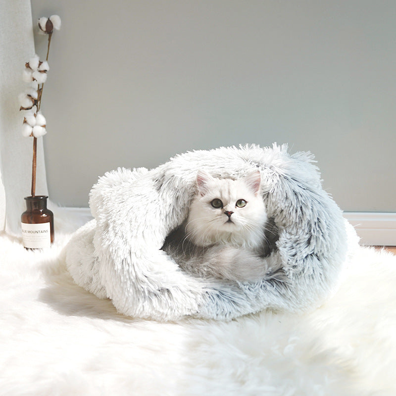 HKM-6710973 Cozy Grey Plush Cat Sleeping Bag Nest with Printed Rabbit Fur Accents