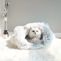 HKM-6710973 Cozy Grey Plush Cat Sleeping Bag Nest with Printed Rabbit Fur Accents