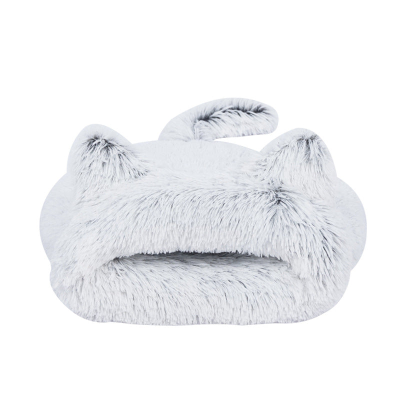 HKM-6710973 Cozy Grey Plush Cat Sleeping Bag Nest with Printed Rabbit Fur Accents