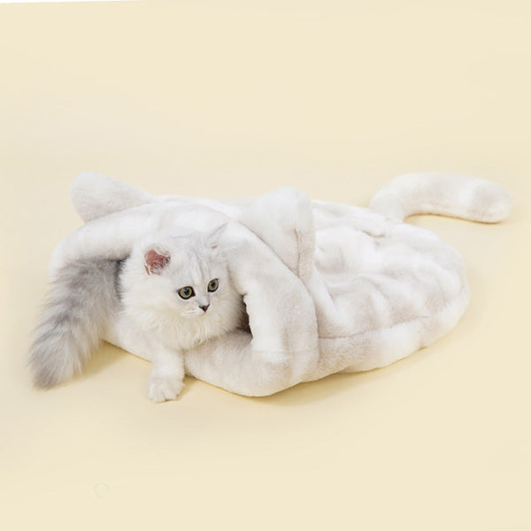 HKM-6710973 Cozy Grey Plush Cat Sleeping Bag Nest with Printed Rabbit Fur Accents
