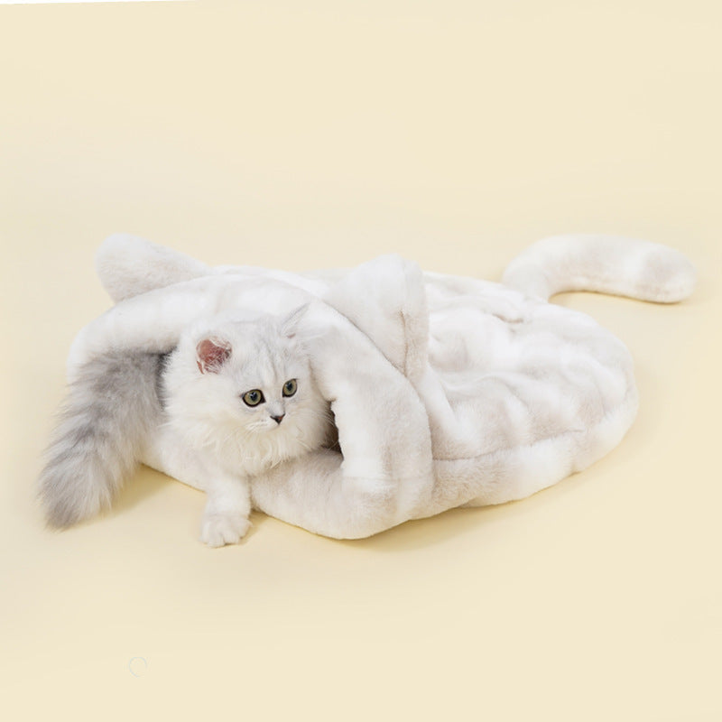 HKM-6710973 Cozy Grey Plush Cat Sleeping Bag Nest with Printed Rabbit Fur Accents
