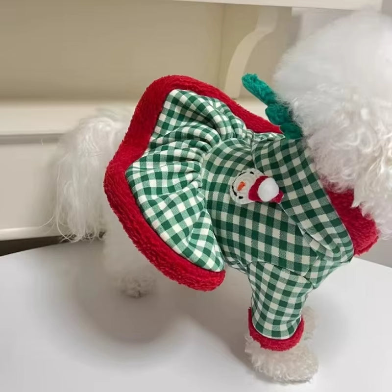 HKM-6711485 Fashionable Plaid Dog Hoodies and Christmas Pet Dresses for Winter, Soft Milk Silk Fabric Pullovers with Snowman Pattern, Suitable for Dogs and Cats