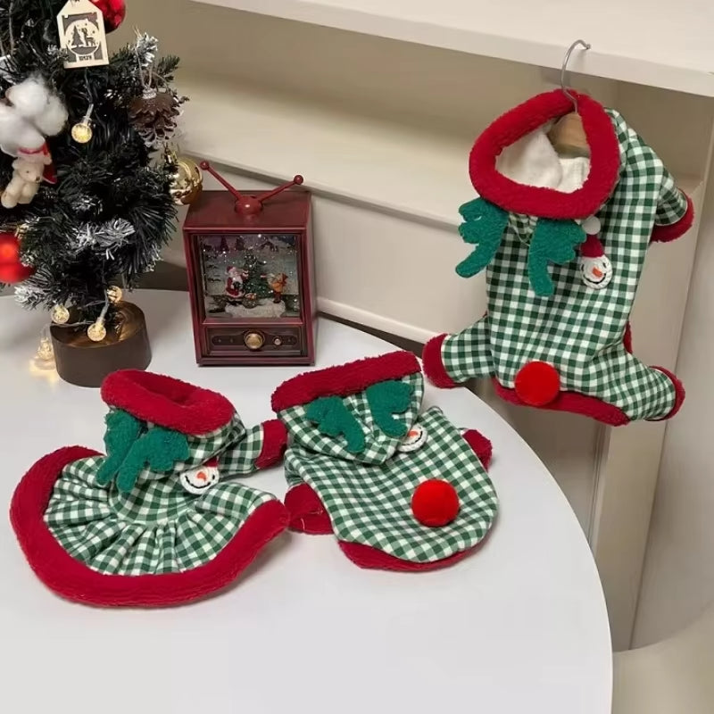 HKM-6711485 Fashionable Plaid Dog Hoodies and Christmas Pet Dresses for Winter, Soft Milk Silk Fabric Pullovers with Snowman Pattern, Suitable for Dogs and Cats