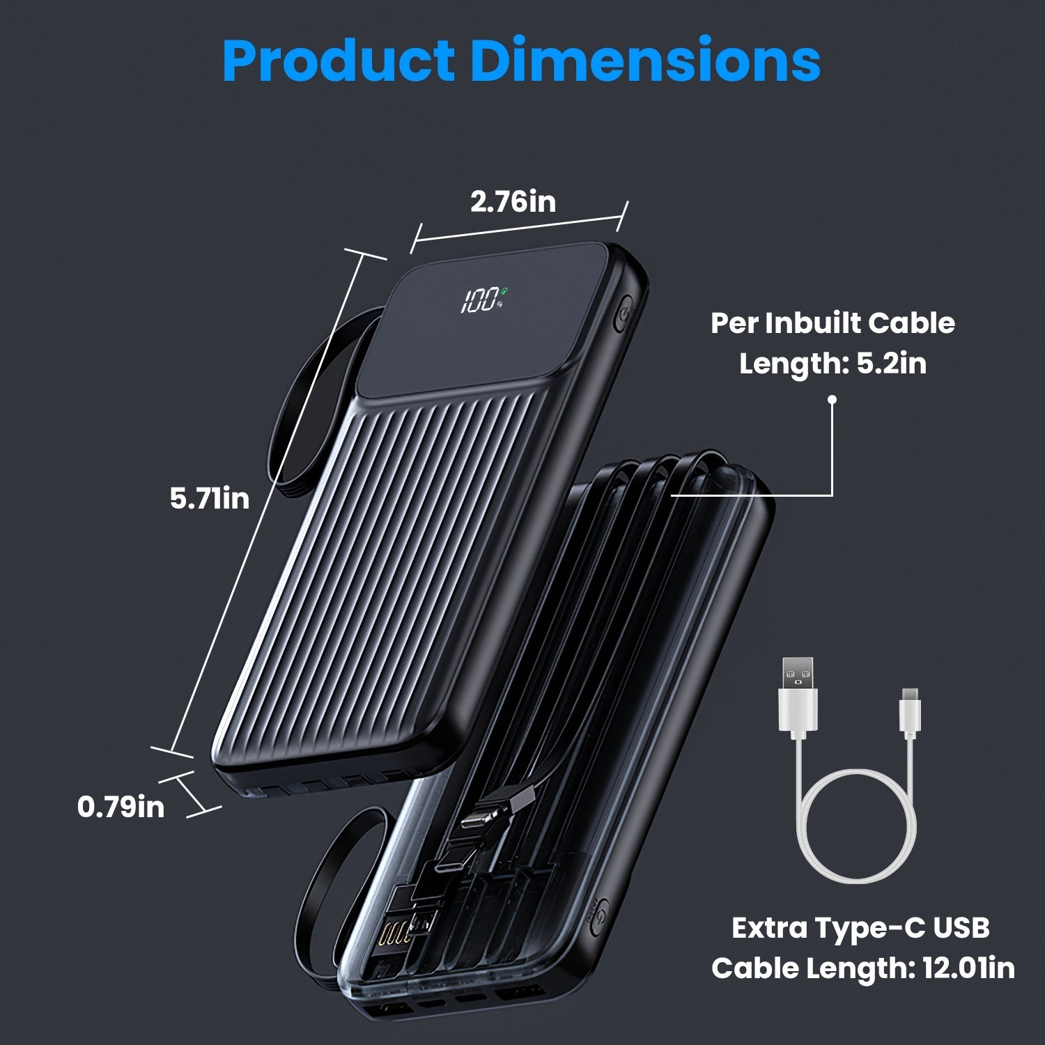 HKM-671187 20000mAh Fast Charging Power Bank with 4 Inbuilt Cables and Digital Display for iOS and Android Devices
