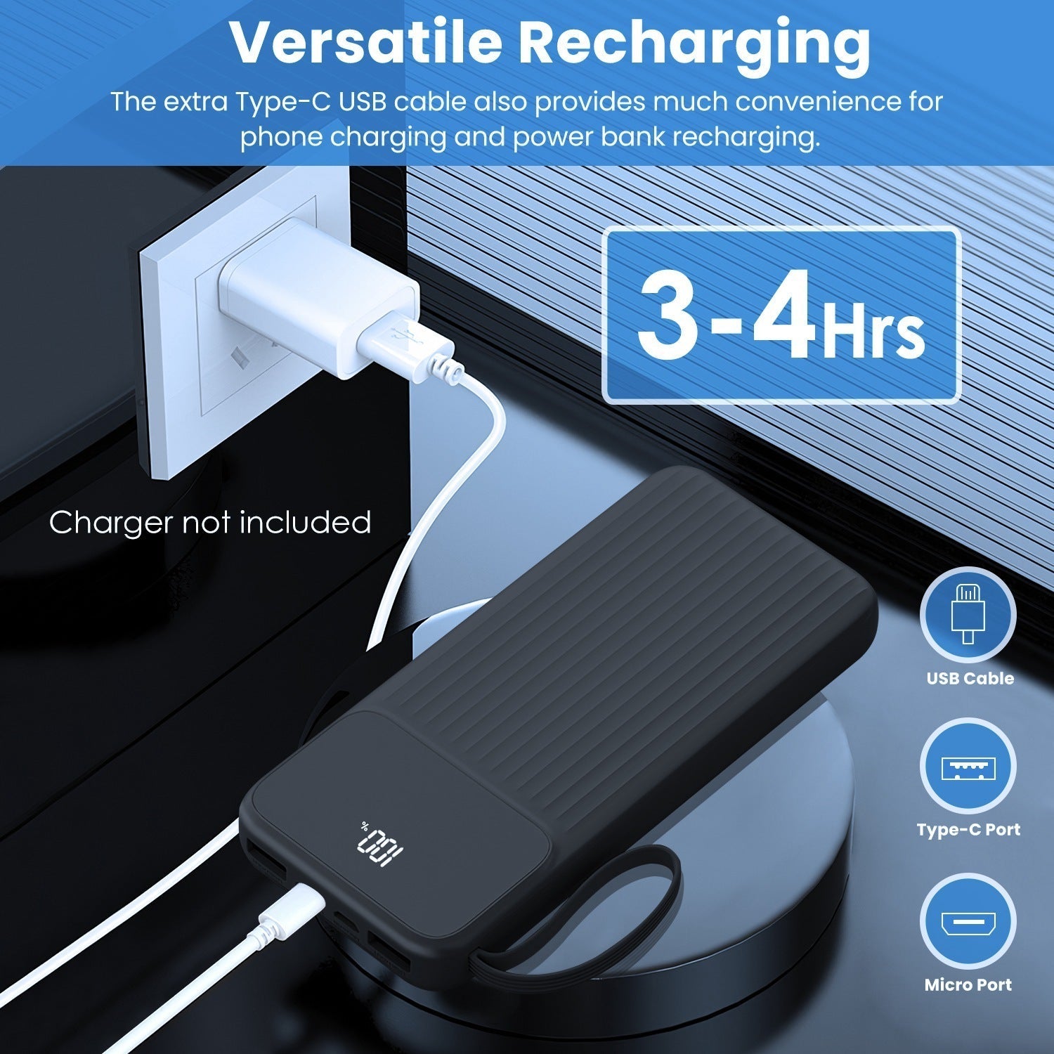 HKM-671187 20000mAh Fast Charging Power Bank with 4 Inbuilt Cables and Digital Display for iOS and Android Devices