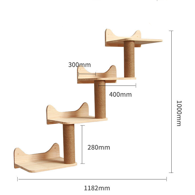 HKM-6721725 Wall-Mounted Solid Wood Cat Climbing Frame with Platforms, Ladders, and Accessories