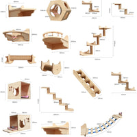 HKM-6721725 Wall-Mounted Solid Wood Cat Climbing Frame with Platforms, Ladders, and Accessories