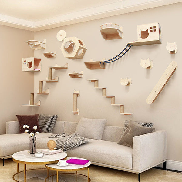 HKM-6721725 Wall-Mounted Solid Wood Cat Climbing Frame with Platforms, Ladders, and Accessories