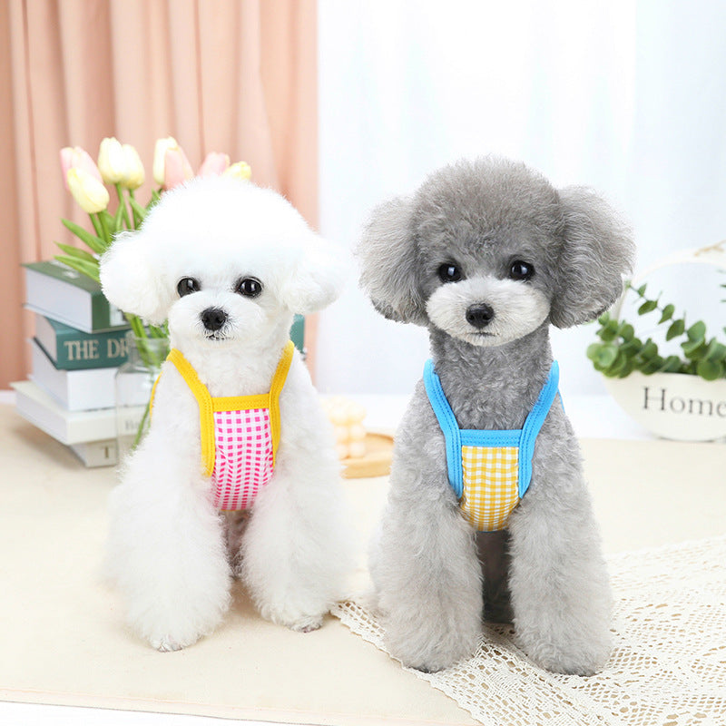 HKM-6726589 Casual Two-Legged Dog Clothes for Spring and Summer in Black, Yellow, and Red Grid Patterns