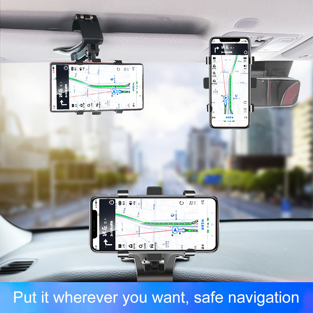 HKM-672979 Multi-Function Car Phone Holder for Dashboard, Rearview Mirror, and Sun Visor - Compatible with 3-7 Inch Devices
