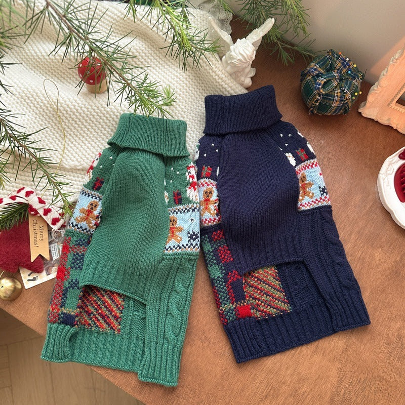 HKM-6731965 Snowman & Gingerbread Man Pet Sweater in Red, Green, Navy Blue - Multiple Sizes Available