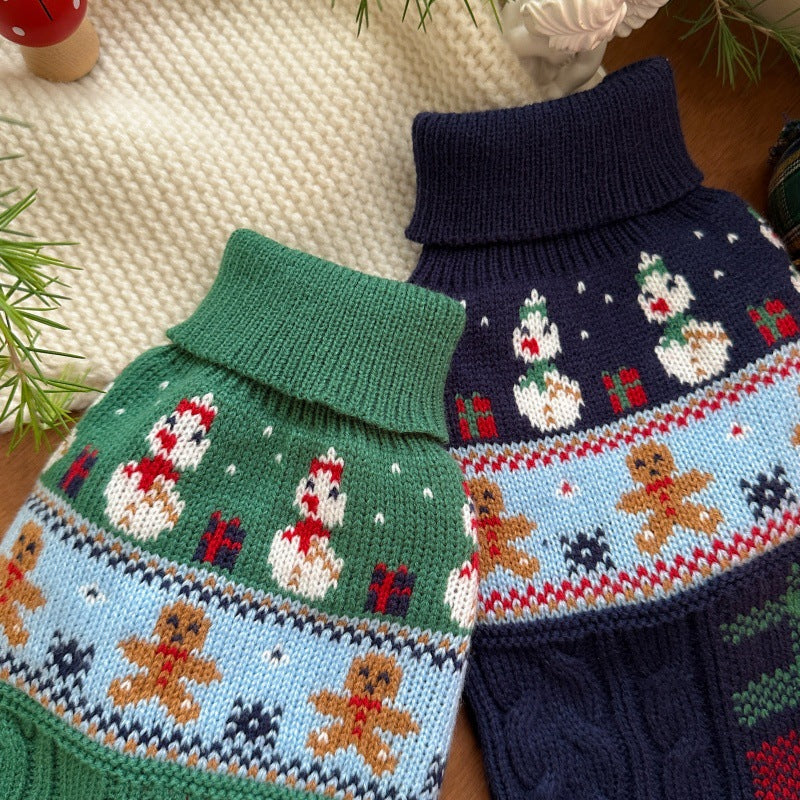 HKM-6731965 Snowman & Gingerbread Man Pet Sweater in Red, Green, Navy Blue - Multiple Sizes Available