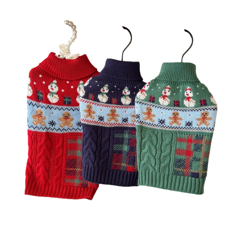 HKM-6731965 Snowman & Gingerbread Man Pet Sweater in Red, Green, Navy Blue - Multiple Sizes Available