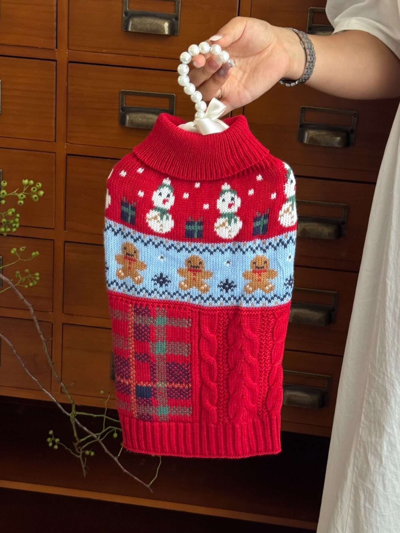 HKM-6731965 Snowman & Gingerbread Man Pet Sweater in Red, Green, Navy Blue - Multiple Sizes Available