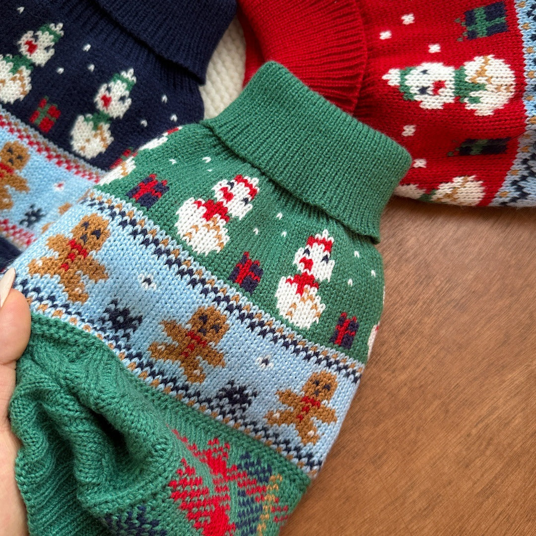 HKM-6731965 Snowman & Gingerbread Man Pet Sweater in Red, Green, Navy Blue - Multiple Sizes Available
