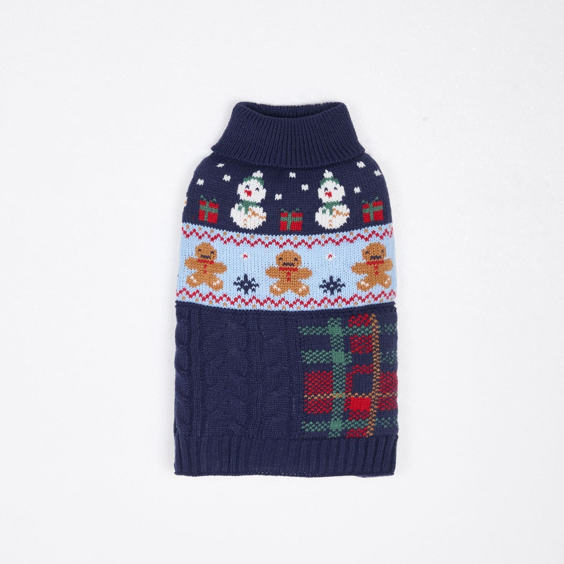 HKM-6731965 Snowman & Gingerbread Man Pet Sweater in Red, Green, Navy Blue - Multiple Sizes Available