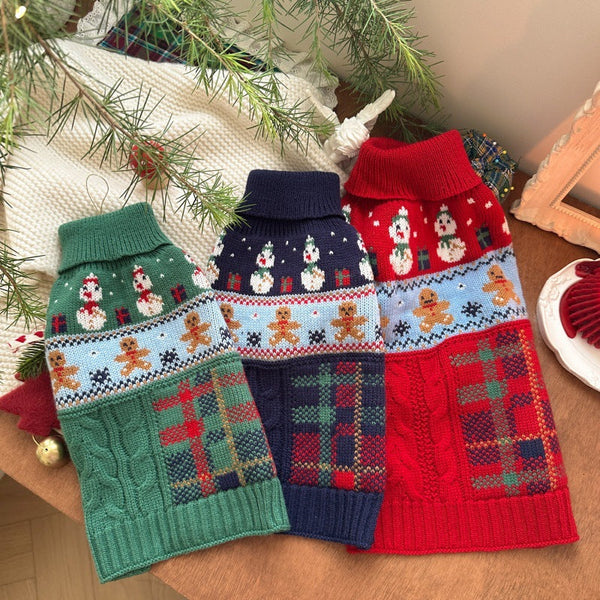 HKM-6731965 Snowman & Gingerbread Man Pet Sweater in Red, Green, Navy Blue - Multiple Sizes Available