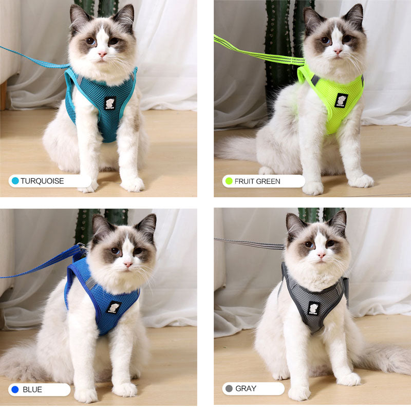 HKM-6733245 Comfortable Anti-Strike Cat Harness for Easy Outdoor Walks - Available in Blue, Turquoise Green, Silver Gray, and Fruit Green