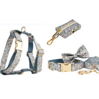 HKM-6733757 Blue Floral Dog Collar and Leash Set with Bow and Accessories for Pet Accessories