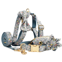 HKM-6733757 Blue Floral Dog Collar and Leash Set with Bow and Accessories for Pet Accessories