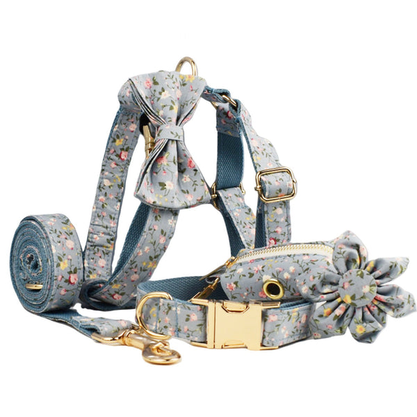 HKM-6733757 Blue Floral Dog Collar and Leash Set with Bow and Accessories for Pet Accessories