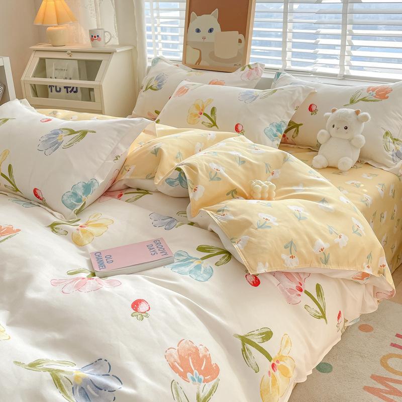 HKM-673427 Pure Cotton Four-Piece Sheet Set with Stripe, Geometric, and Cartoon Patterns