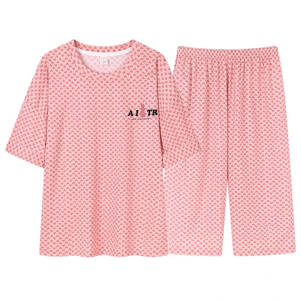 HKM-673811 New Arrival 2 Sets Short Sleeve Seven-point Pants Thin Sweetness Cute Sleepwear Women's Cotton Pajamas