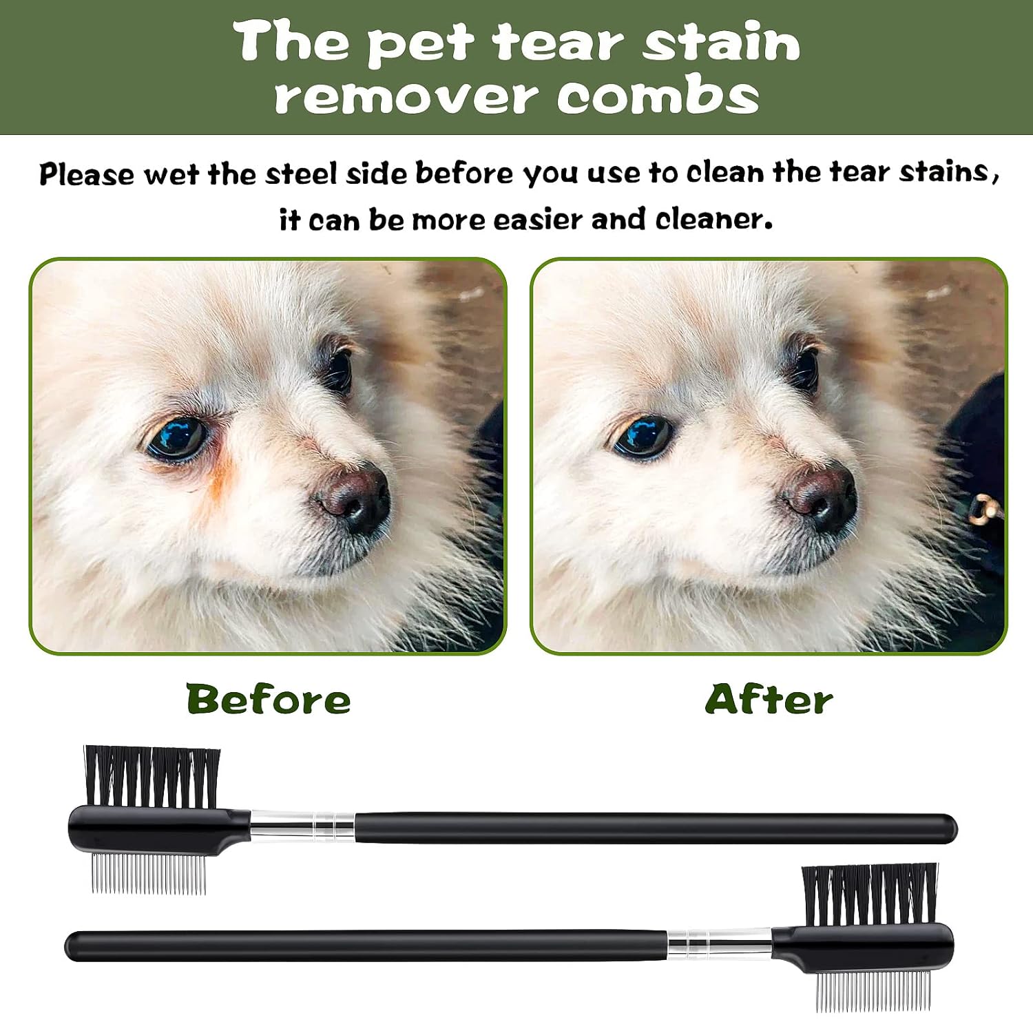 HKM-6741181 Double-Headed Tear Stain Comb for Small Dogs and Cats – Metal Eye Booger Remover for Grooming and Cleaning Crust and Mucus