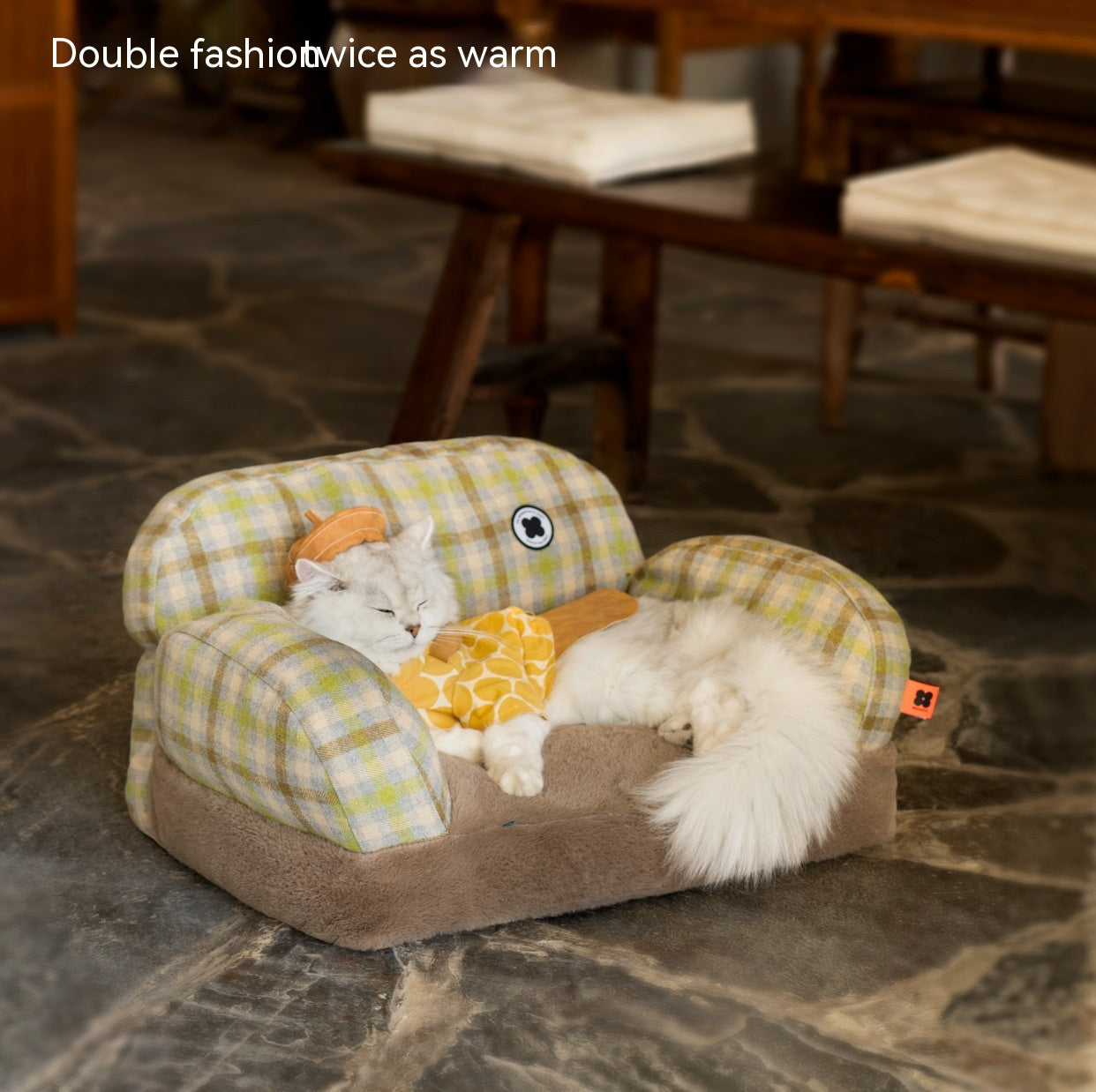 HKM-6743741 Cozy Winter Cat Bed with Removable Cover ¨C Autumn Yellow & Retro Green Pet Sofa