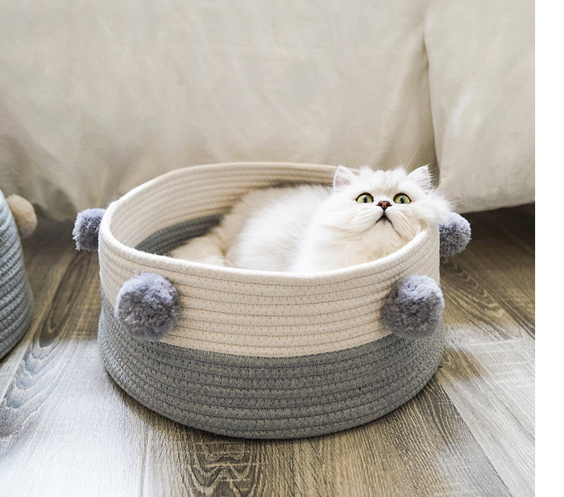 HKM-6749501 Eco-Friendly Cotton Cat Basket with Cashmere Pompons ¨C 40CM Diameter Pet Bed