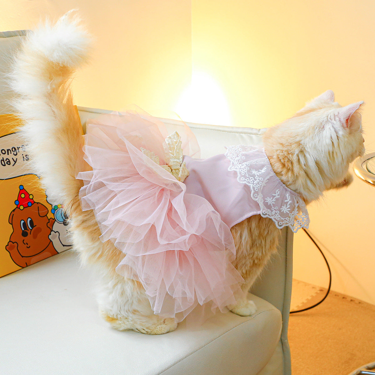 HKM-6749629 Pink Tulle Tutu Skirt for Cats - Casual Pet Clothing in Various Sizes