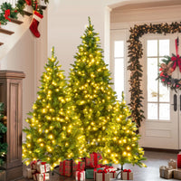 HKM-675027 Pre-Lit Hinged Christmas Tree Set - 8FT, 6FT, 4FT Pine Trees with 820 Warm Yellow LED Lights