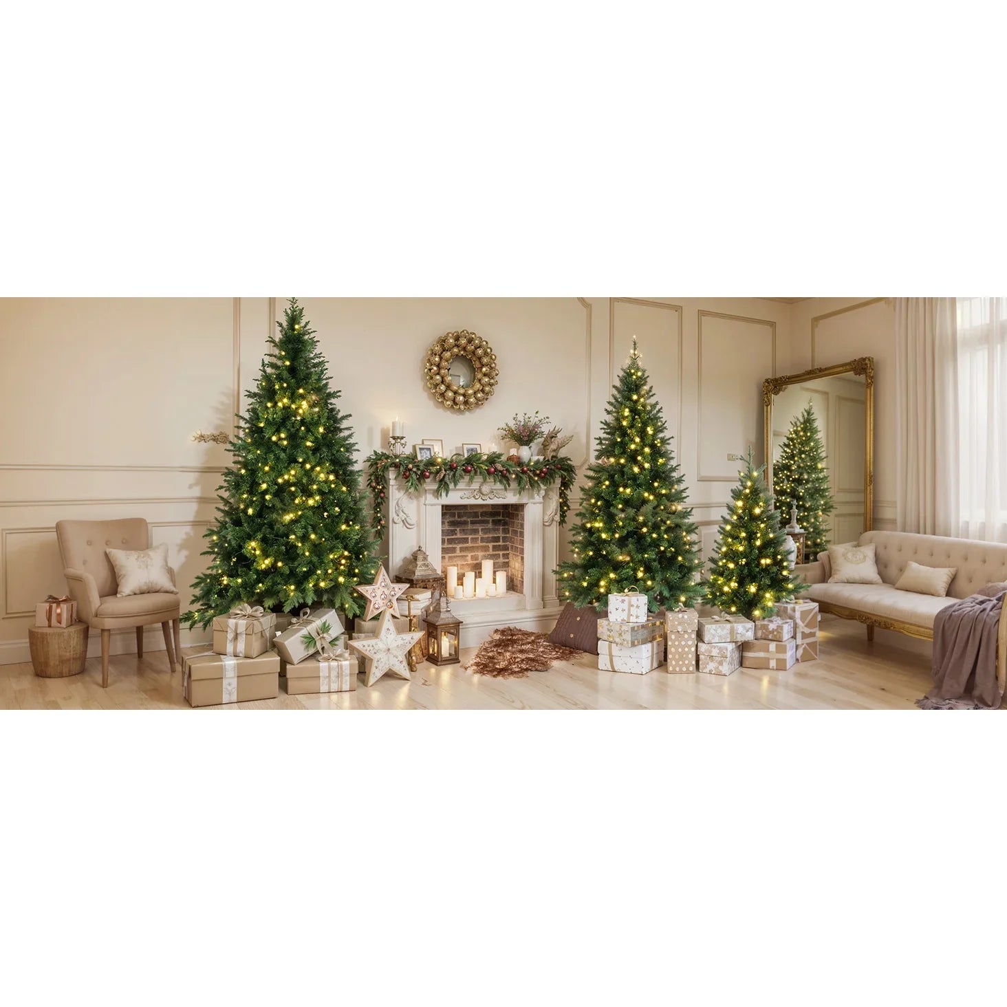 HKM-675027 Pre-Lit Hinged Christmas Tree Set - 8FT, 6FT, 4FT Pine Trees with 820 Warm Yellow LED Lights
