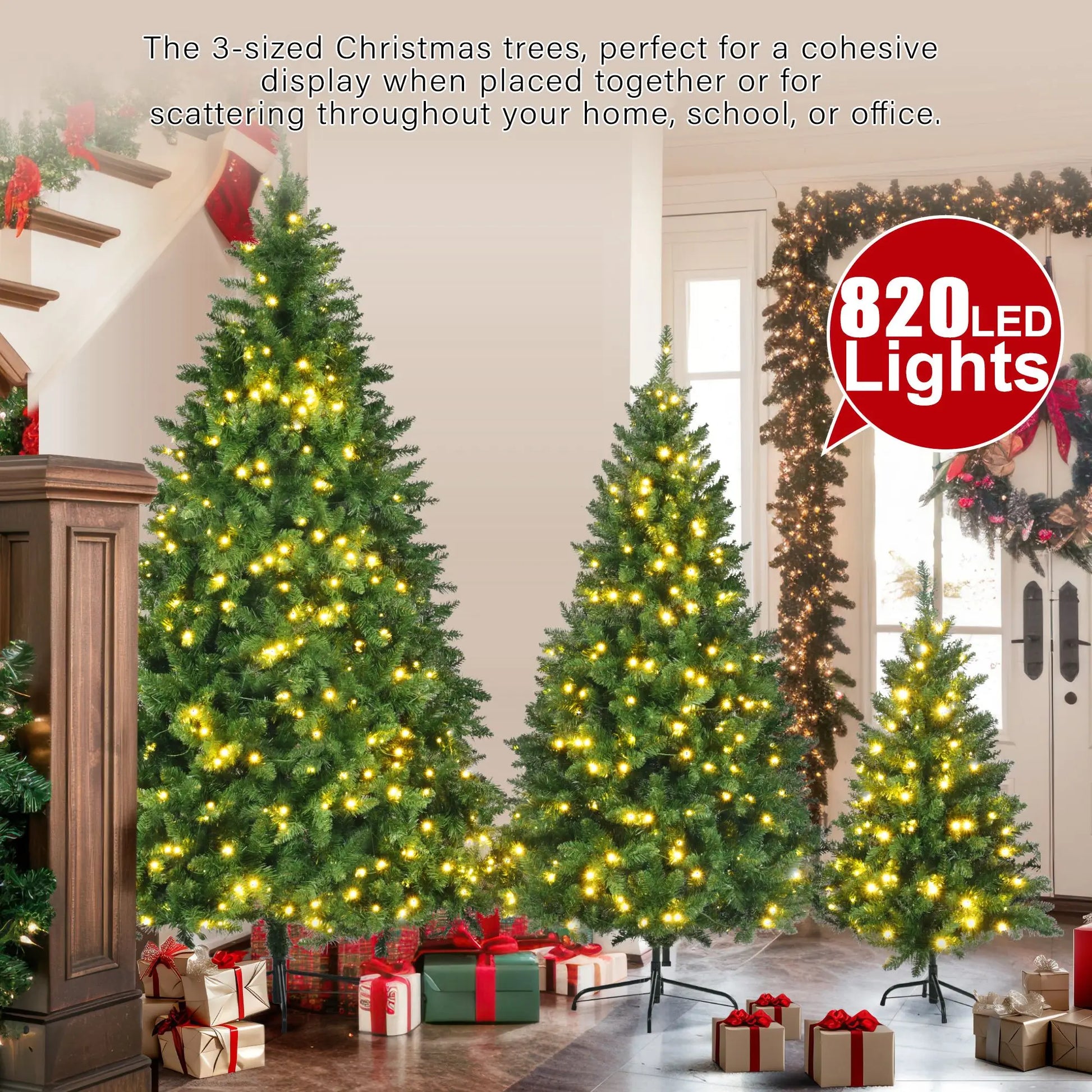 HKM-675027 Pre-Lit Hinged Christmas Tree Set - 8FT, 6FT, 4FT Pine Trees with 820 Warm Yellow LED Lights