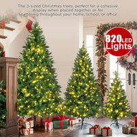 HKM-675027 Pre-Lit Hinged Christmas Tree Set - 8FT, 6FT, 4FT Pine Trees with 820 Warm Yellow LED Lights
