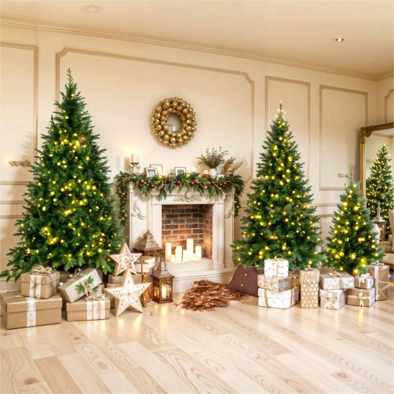 HKM-675027 Pre-Lit Hinged Christmas Tree Set - 8FT, 6FT, 4FT Pine Trees with 820 Warm Yellow LED Lights