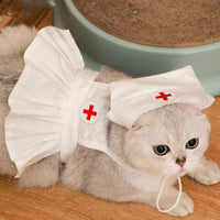 HKM-6752829 Stylish Personalized White Dress Set with Hat for Cats, Available in S and M Sizes