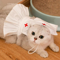 HKM-6752829 Stylish Personalized White Dress Set with Hat for Cats, Available in S and M Sizes