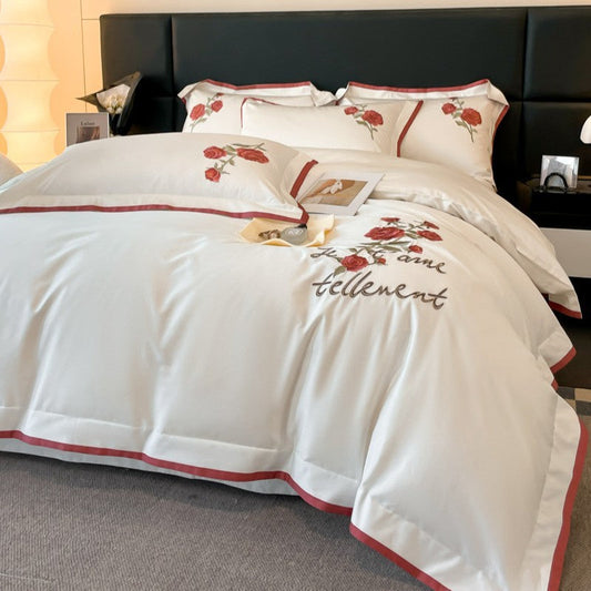 HKM-675411 Luxury Cotton Four-Piece Bedding Set in Solid Colors for 1.5m and 1.8m Beds